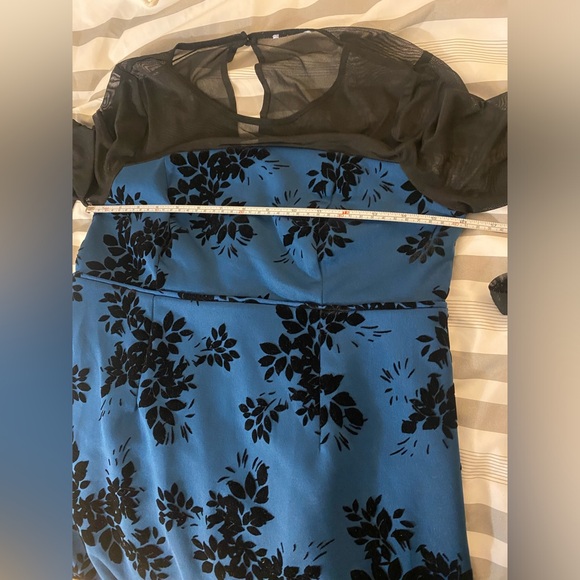 Maternity Blue Formal Dress w Black Velvet Florals & Black Mesh Neckline Medium - Picture 8 of 11